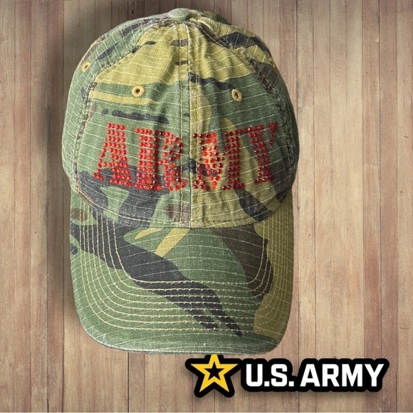 US Army Camouflage Baseball Cap with Ref Rhinestones Logo Velcro strap - Picture 1 of 11